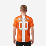 Custom soccer tops orange and white back view showing player surname and back number placement on sublimated jersey