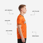 Custom soccer tops orange crew neck collar detail with black sublimated trim band on men's matchday jersey