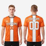 Custom soccer tops orange short sleeve cuff detail showing black contrast stripe on performance polyester fabric