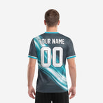 Custom soccer tops teal charcoal back view showing player name and back number print zones