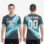 Custom soccer tops teal charcoal sleeve cuff detail showing teal and white stripe trim
