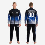 Custom soccer tracksuits for club squads, black and Royal Blue galaxy 2-piece set, back view showing full sublimation coverage and squad number placement