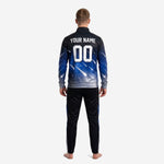 Custom soccer track jacket in black and Royal Blue galaxy full-dye sublimation, stand collar and side zip pocket detail, men's athletic cut