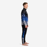 Custom soccer tracksuit black and Royal Blue galaxy print, side view showing shooting-star sublimation graphics on jacket and matching pants side panel