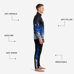 Custom printed track pants in black with Royal Blue and silver-grey galaxy side panel, tapered fit with drawcord elastic waistband, side view