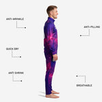 Custom soccer tracksuit pants in royal purple and fuchsia full-dye sublimation galaxy print with player number on thigh