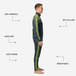 Close-up of pixel-burst neon green sublimation print on custom soccer tracksuit shoulder and chest zone