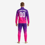 Custom soccer track jacket in Royal Purple and Hot Pink gradient showing chest number and team logo print zones