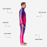Custom soccer tracksuit pants in Royal Purple to Hot Pink gradient with white double-stripe and thigh player number