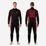 Full-set front view of the custom red and black soccer tracksuit showing jacket and matching pants worn by adult male model