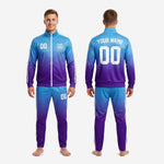 Full squad custom soccer tracksuit set in Sky Blue and Royal Purple gradient with team name and number print zones