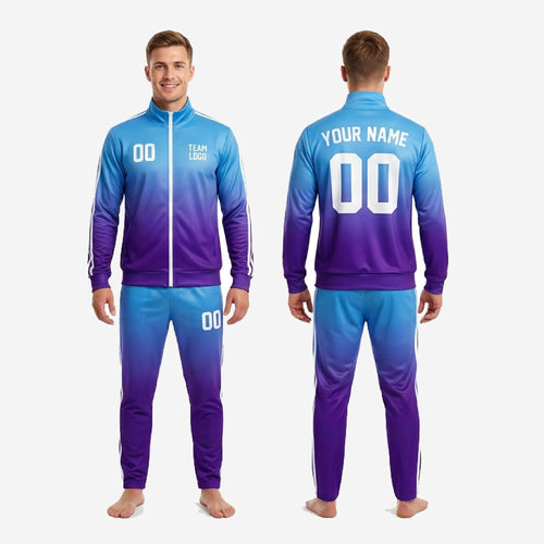 Full squad custom soccer tracksuit set in Sky Blue and Royal Purple gradient with team name and number print zones