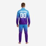 Custom soccer tracksuit jacket detail showing Sky Blue to Royal Purple gradient fade and stand collar full zip