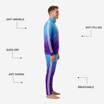 Custom soccer tracksuit pants in Royal Purple to Sky Blue gradient with white twin stripe trim, tapered athletic cut