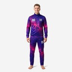 Men's custom soccer tracksuit set in royal purple and fuchsia galaxy print, full-zip stand collar jacket and tapered pants, front view