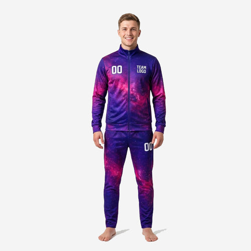 Men's custom soccer tracksuit set in royal purple and fuchsia galaxy print, full-zip stand collar jacket and tapered pants, front view