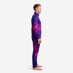 Custom soccer tracksuit set in royal purple and fuchsia galaxy nebula print, left side view showing tapered pant leg and full-length zip