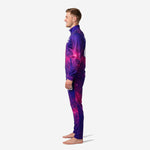 Sublimated soccer jacket and pants in royal purple and fuchsia galaxy print, right side profile showing stand collar and ribbed cuffs
