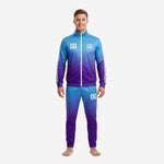 Custom soccer tracksuit set in Sky Blue to Royal Purple gradient with white twin stripes, front view on male model