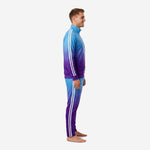 Custom soccer tracksuit set Sky Blue Royal Purple gradient side view showing full sleeve and pant stripe detail