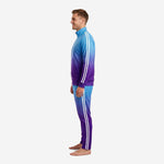 Men's custom soccer tracksuit set in Blue Purple gradient with white side stripes, opposite side profile view