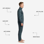 Custom soccer tracksuit back view in Steel Blue with teal geometric sublimation print, tapered pants and full-zip jacket rear detail