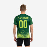 Custom soccer training jersey back view showing player name and number print in Lime Green on Forest Green gradient