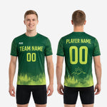 Hem detail of custom soccer training jersey showing Lime Green pine tree silhouette gradient fade