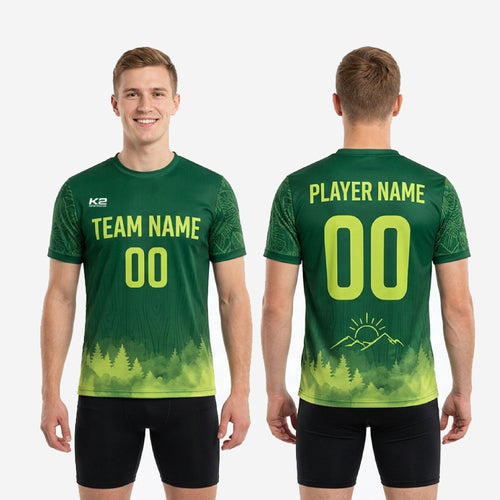 Hem detail of custom soccer training jersey showing Lime Green pine tree silhouette gradient fade