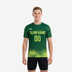 Custom soccer training jersey in Forest Green and Lime Green gradient with tropical leaf sleeve print, front view on male model