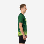 Custom soccer training jersey showing Forest Green to Lime Green gradient and leaf sublimation on sleeves, left side view