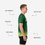 Close-up of tropical leaf sublimation sleeve detail on custom Forest Green soccer training jersey