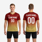 Custom mens soccer training jersey Maroon-to-Athletic Gold gradient full body view, made to order for club and squad rosters