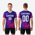 Custom soccer training jersey back view showing player number and surname arc print zones on Royal Purple and Hot Pink galaxy sublimated fabric