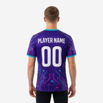 Custom soccer practice jersey front on male model with white team name and number printed on Royal Purple full-coverage neon geometric sublimated body