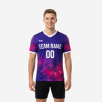 Custom soccer training jerseys in Royal Purple and Hot Pink galaxy print with white V-neck trim, front view on adult male model