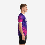 Custom soccer training jersey galaxy print left side view showing Hot Pink nebula pattern and white sleeve cuff trim