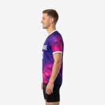 Custom soccer training jersey galaxy print right side view showing Royal Purple to Hot Pink gradient coverage and back number print zone