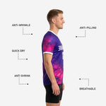 Custom soccer training jersey V-neckline and short sleeve cuff detail in white trim against Royal Purple and Hot Pink sublimated fabric