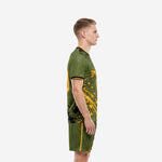 Custom soccer uniform army green and gold sublimated jersey and shorts side view