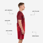 Custom soccer uniform crimson shorts with white stripe and thigh number, close detail