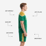 Close detail of custom soccer kit in green and gold with notched v-neckline and white trim accent