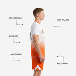 Custom soccer uniform shorts in solid orange with white dot scatter pattern and white chevron at the hem, player number on left leg