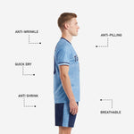 Custom soccer uniform kits for teams powder blue navy detail close-up of navy rib crew collar and double-stripe sleeve cuff finish