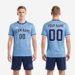 Custom soccer uniform kits for teams powder blue navy blue shorts side panel detail showing powder blue contrast panel against navy body
