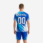 Royal Blue custom soccer uniform kit geometric spike print detail across jersey chest and shoulders