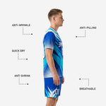 Matching Royal Blue sublimated soccer shorts with Sky Blue spike graphics and player number print