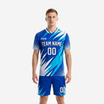 Custom soccer uniform kits for teams in Royal Blue and Sky Blue geometric spike print, front view on male model