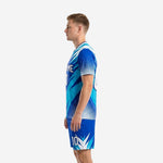 Custom soccer uniform kits for teams in Royal Blue with Sky Blue accents, right side profile view