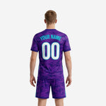 Custom soccer uniform kits for teams Royal Purple camo full set back view showing number and name print zones